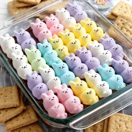 Delicious Easter Peeps s'mores dip with vibrant marshmallow bunnies.