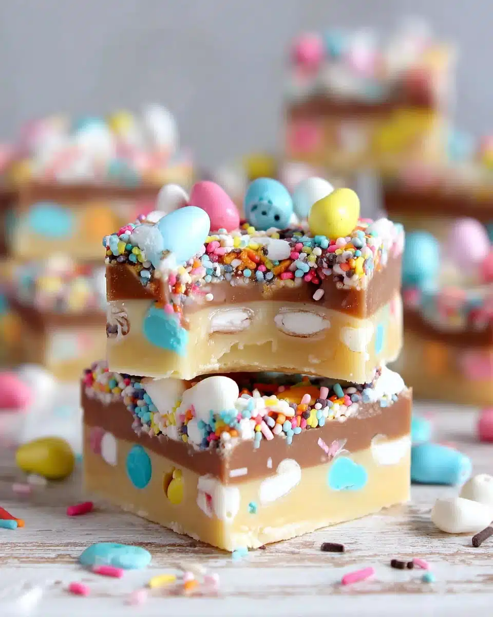 Delicious easy Easter fudge topped with sprinkles and mini eggs.