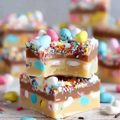 Delicious easy Easter fudge topped with sprinkles and mini eggs.