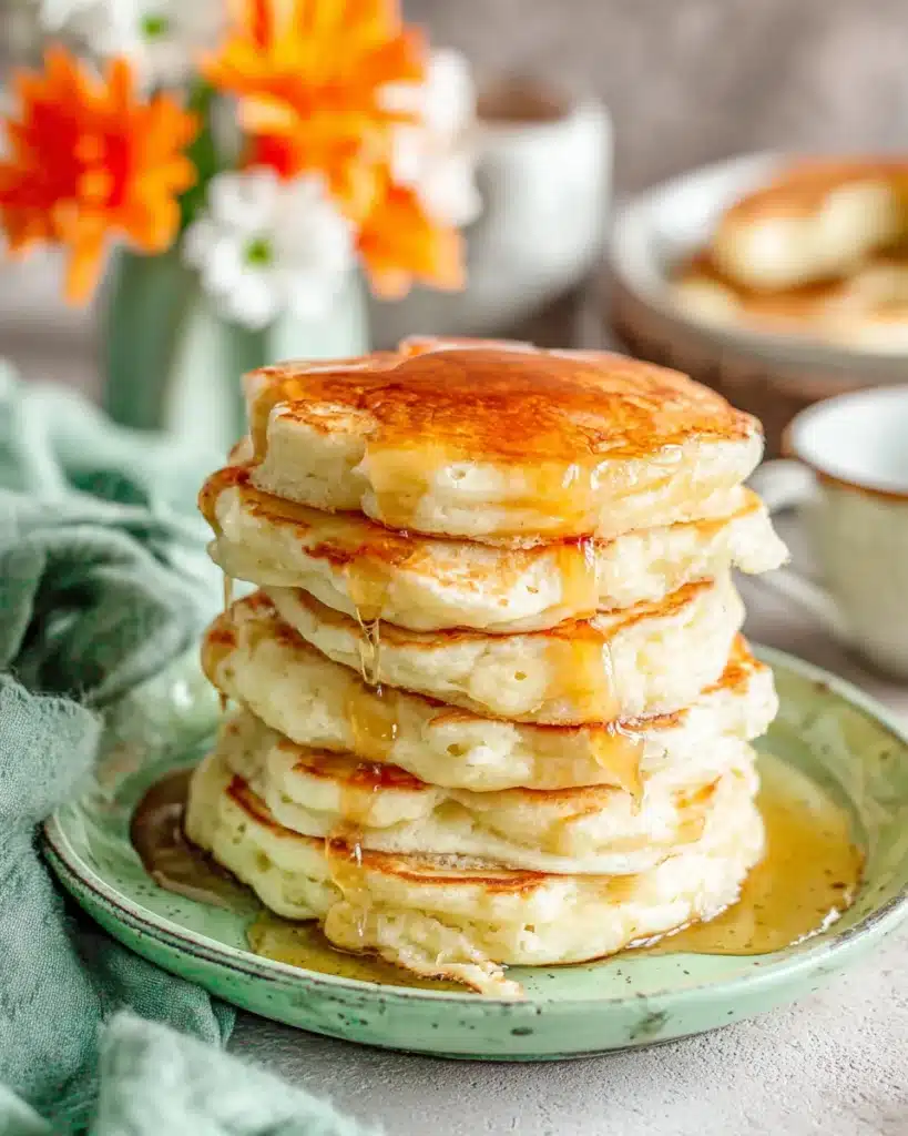 Fluffy pancakes topped with syrup for a delightful breakfast treat.