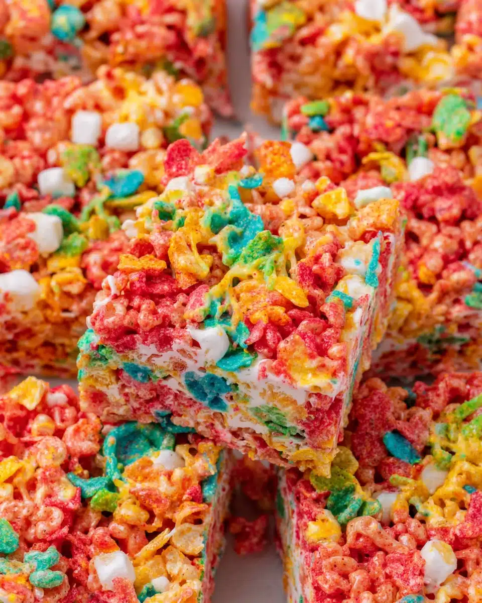 Colorful Fruity Pebbles Rice Krispie Treats with gooey marshmallow.