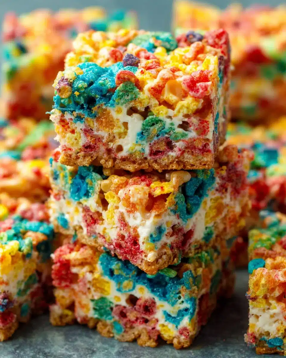 Delicious Fruity Pebbles Rice Krispies Treats stacked high.