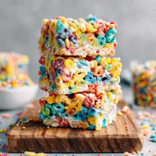 Delicious Fruity Pebbles Rice Krispies Treats stacked high.