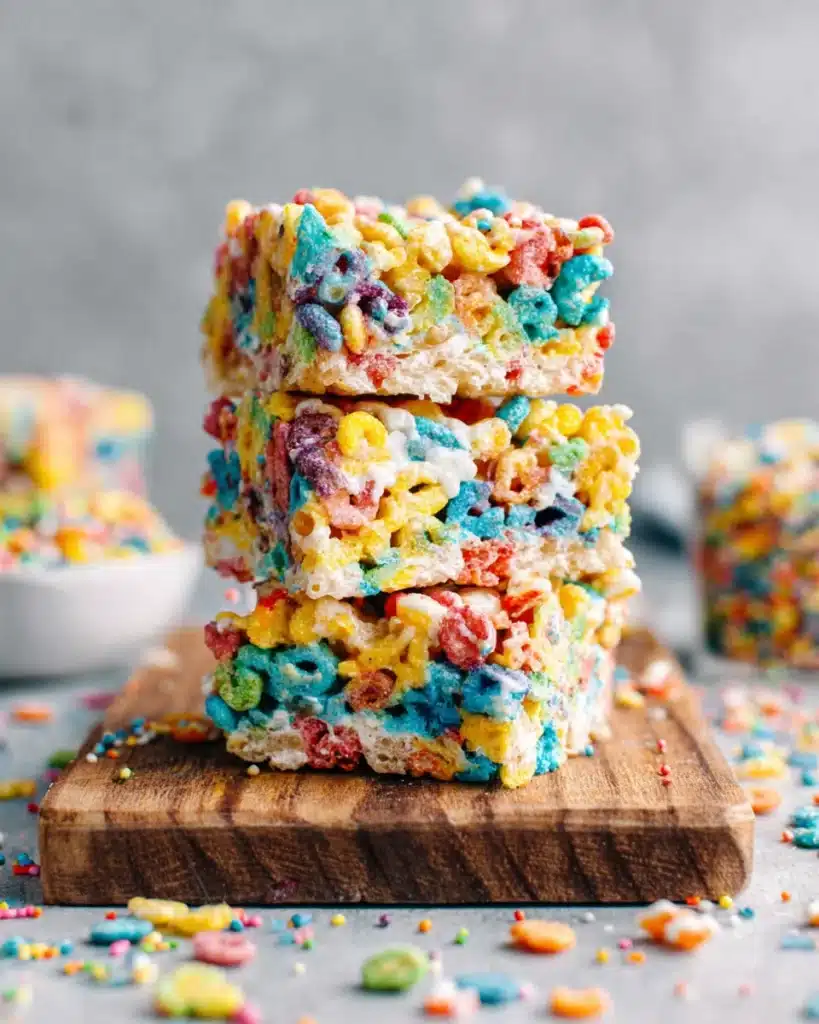 Delicious Fruity Pebbles Rice Krispies Treats stacked high.