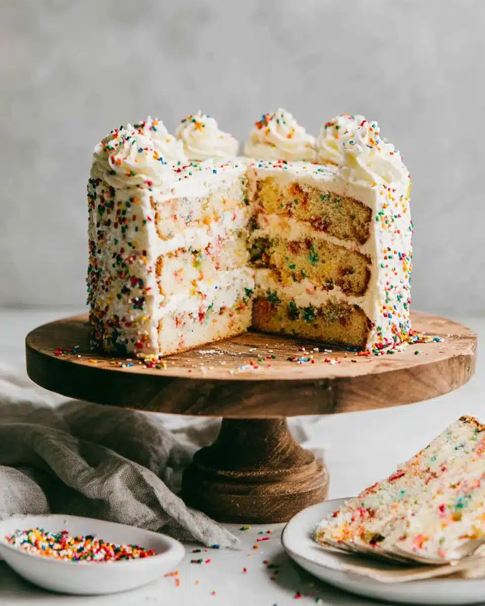 Delicious Funfetti Cake with colorful sprinkles and frosting.