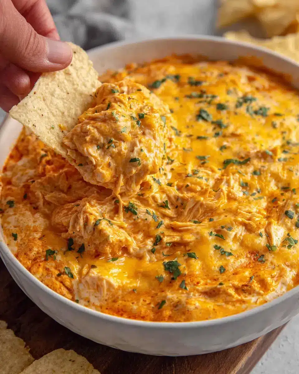 Game Day Buffalo Chicken Dip served with a chip for dipping.