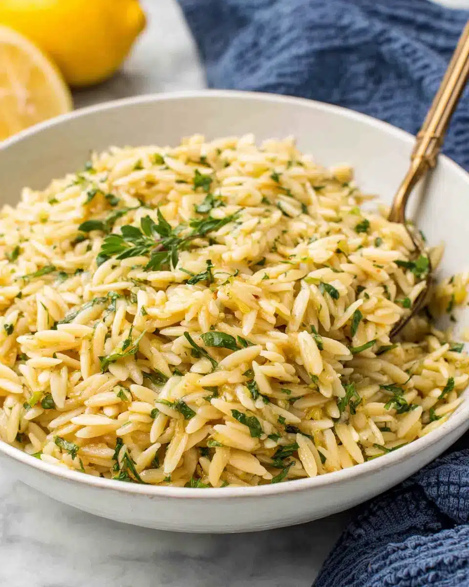 Creamy Garlic Lemon Orzo dish ready to serve.