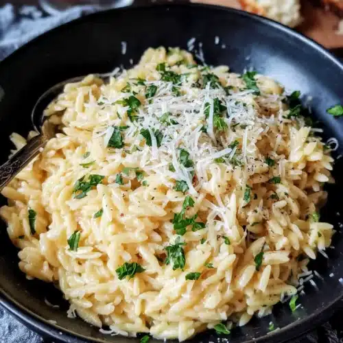 Creamy Garlic Parmesan Orzo Side Dish full of rich flavors.