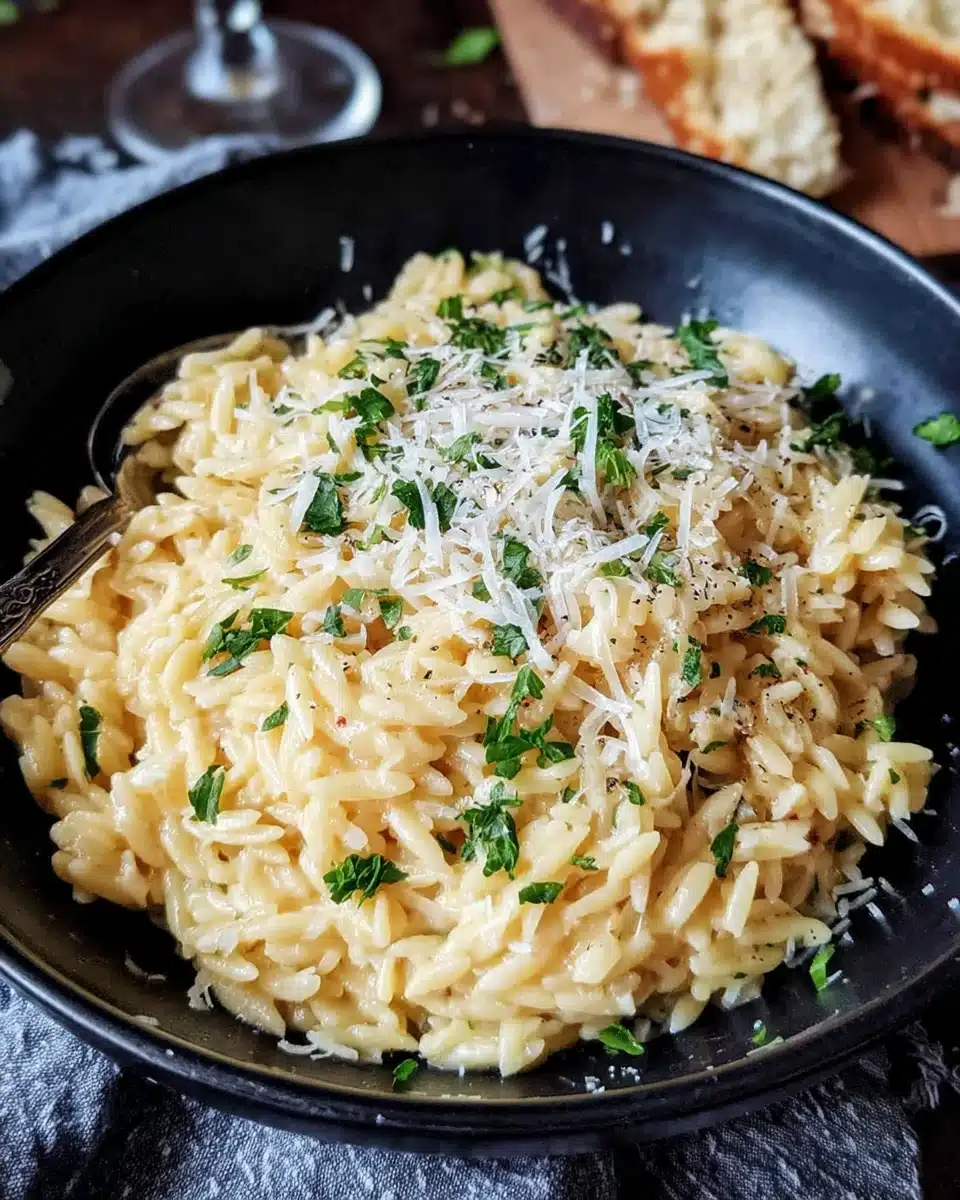 Creamy Garlic Parmesan Orzo Side Dish full of rich flavors.