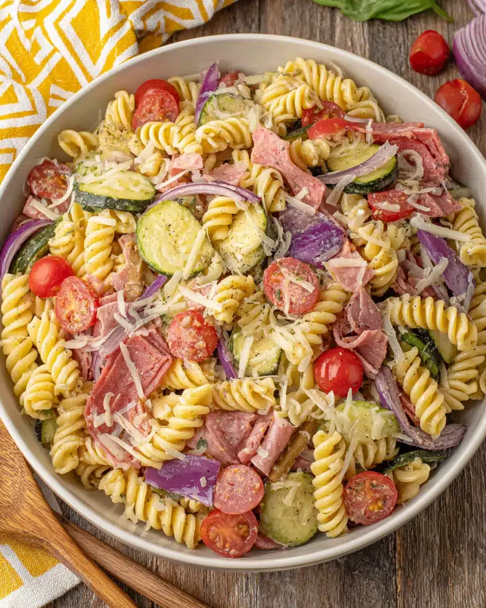 Delicious Grinder Pasta Salad featuring colorful rotini and fresh ingredients.