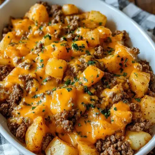 Delicious Hobo Casserole Ground Beef overflowing with cheese and potatoes.
