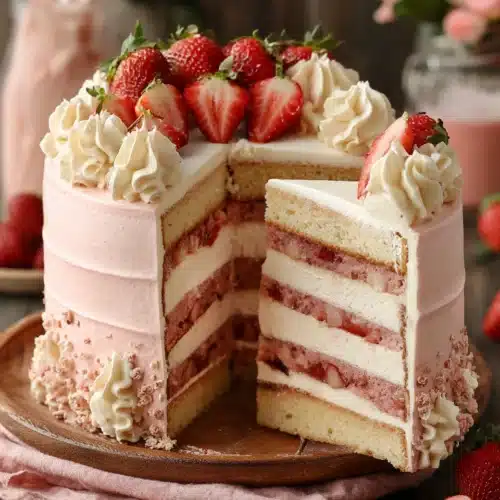 Homemade Strawberry Cake with layers and fresh strawberries on top
