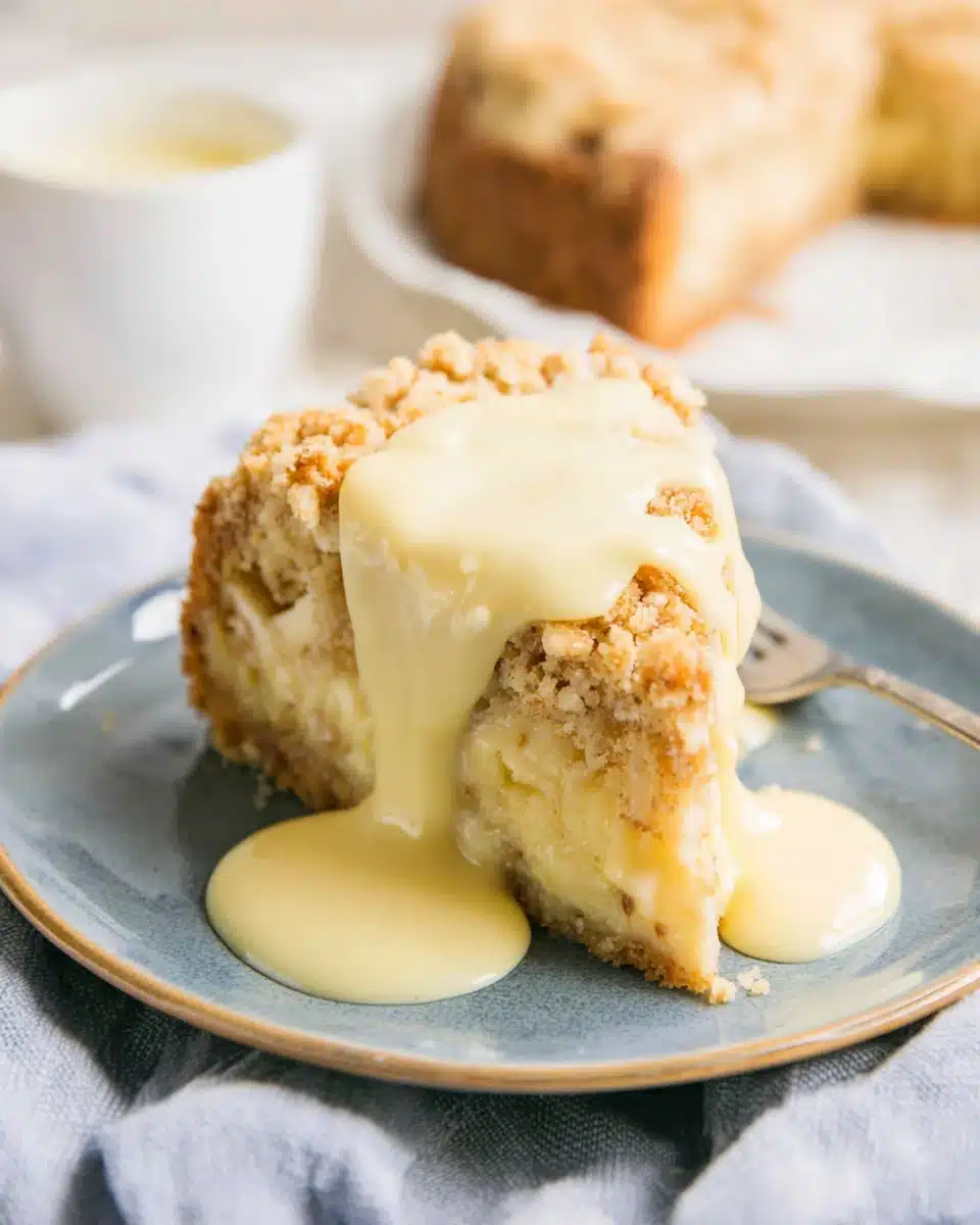 Delicious Irish Apple Cake served with custard sauce.
