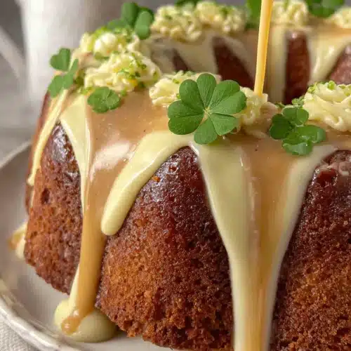 Delicious Irish Whiskey Cake with creamy glaze and buttercream.