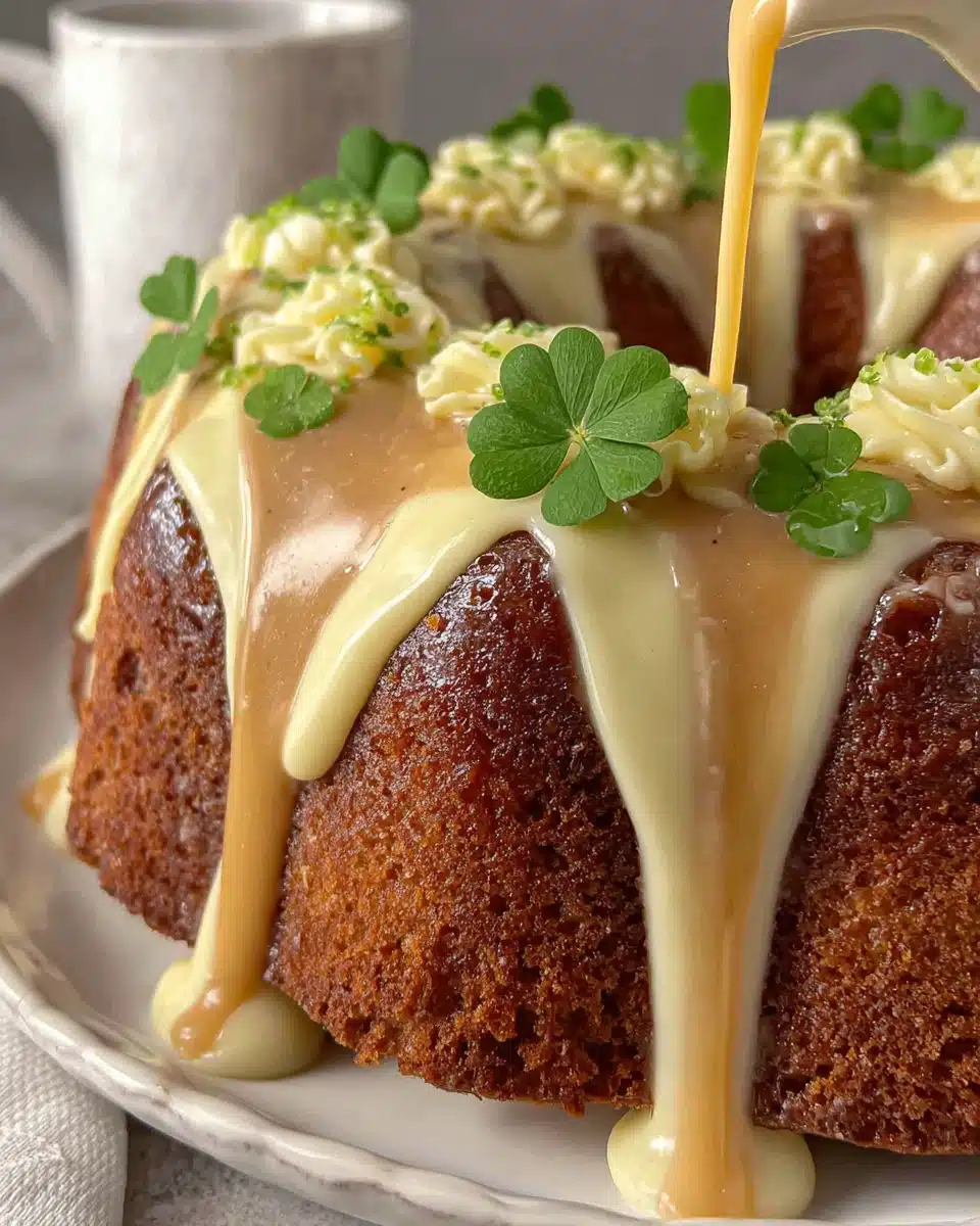 Delicious Irish Whiskey Cake with creamy glaze and buttercream.
