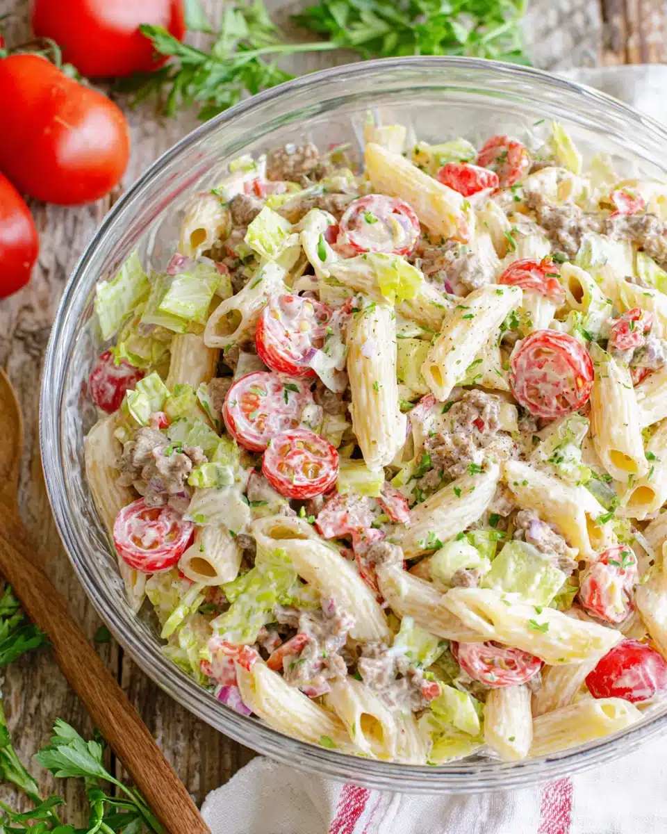 Delicious Italian Grinder Pasta Salad featuring savory meats and vibrant veggies.