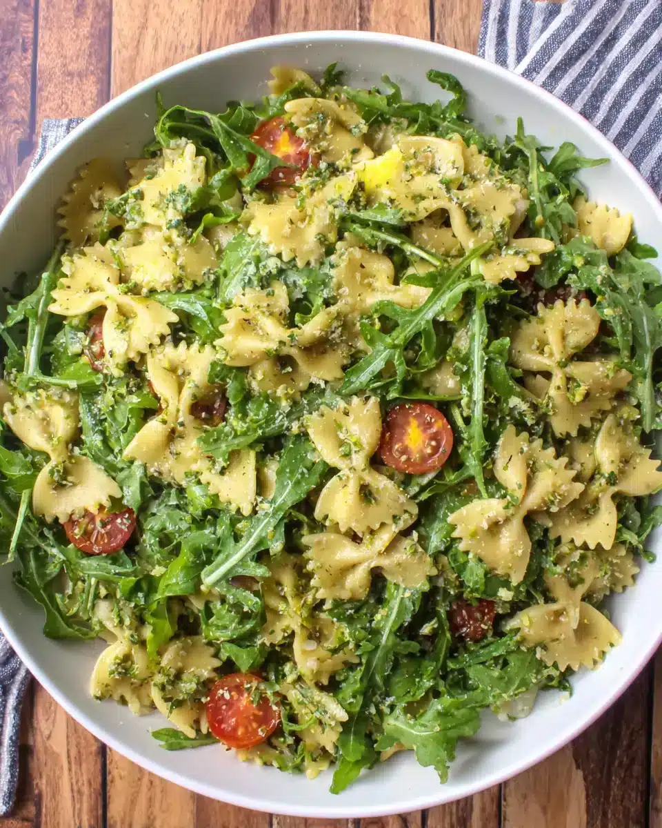 Lemon Arugula Pasta Salad with fresh arugula and cherry tomatoes.