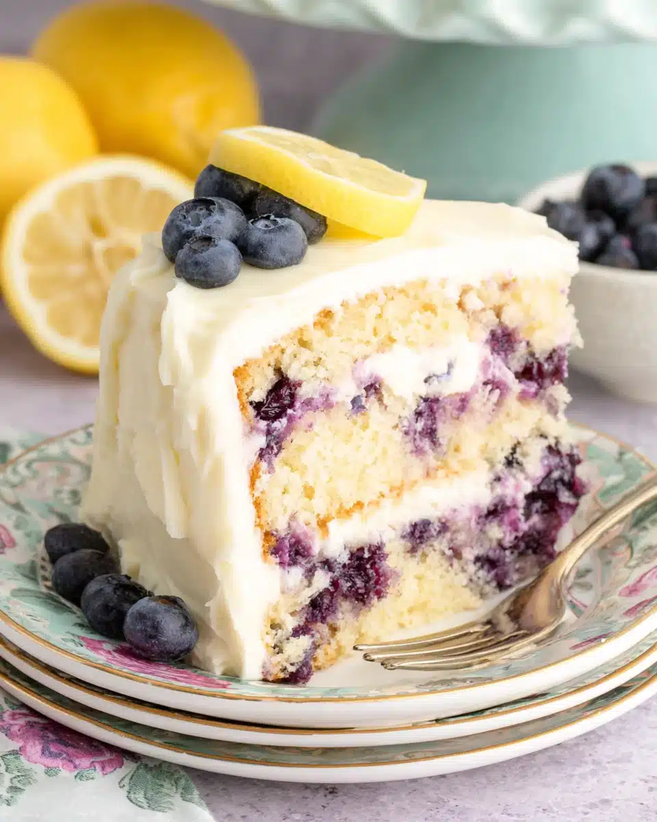 Delicious Lemon Blueberry Cake showcasing sweet blueberries and creamy frosting.