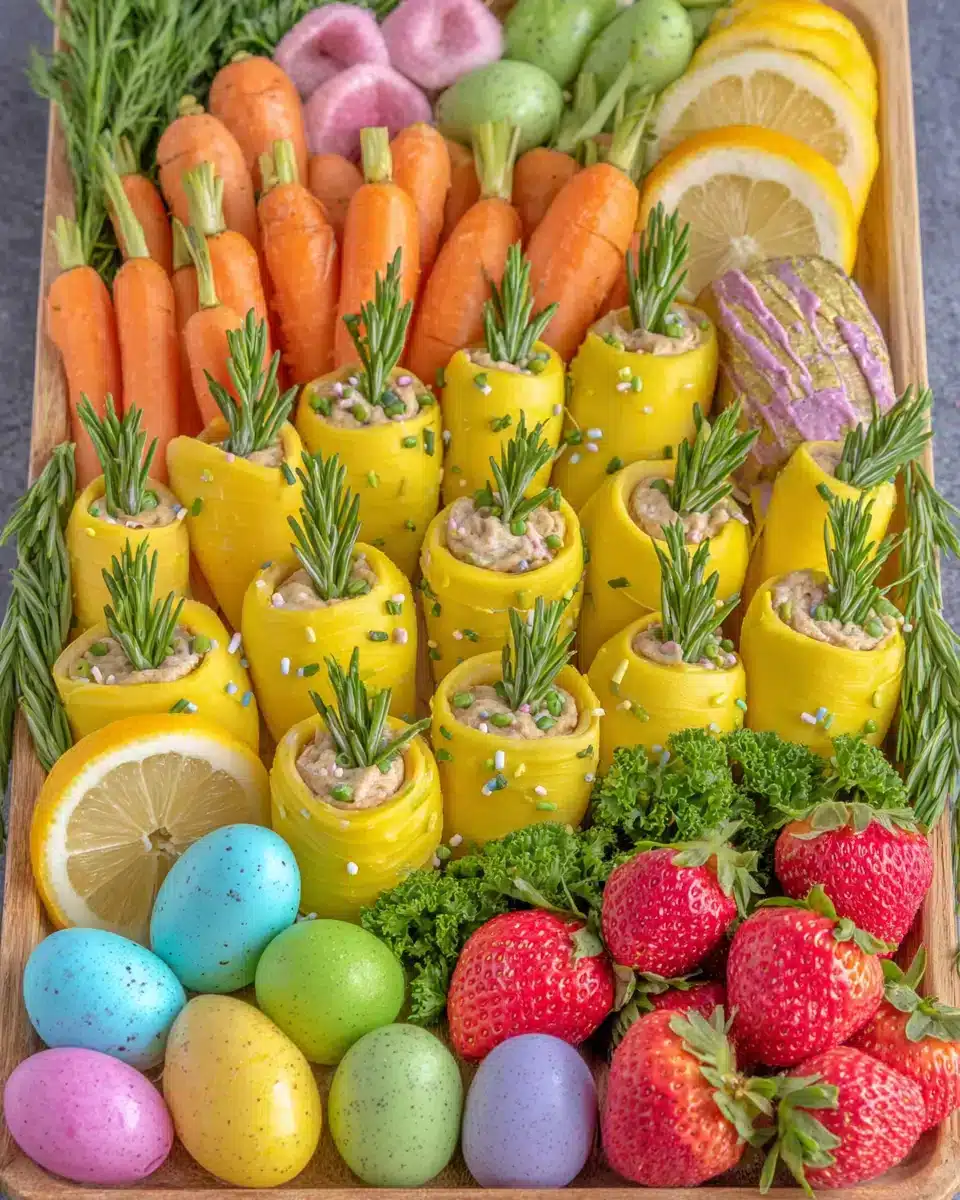 Colorful Easter platter with mini stuffed carrots and fresh herbs.