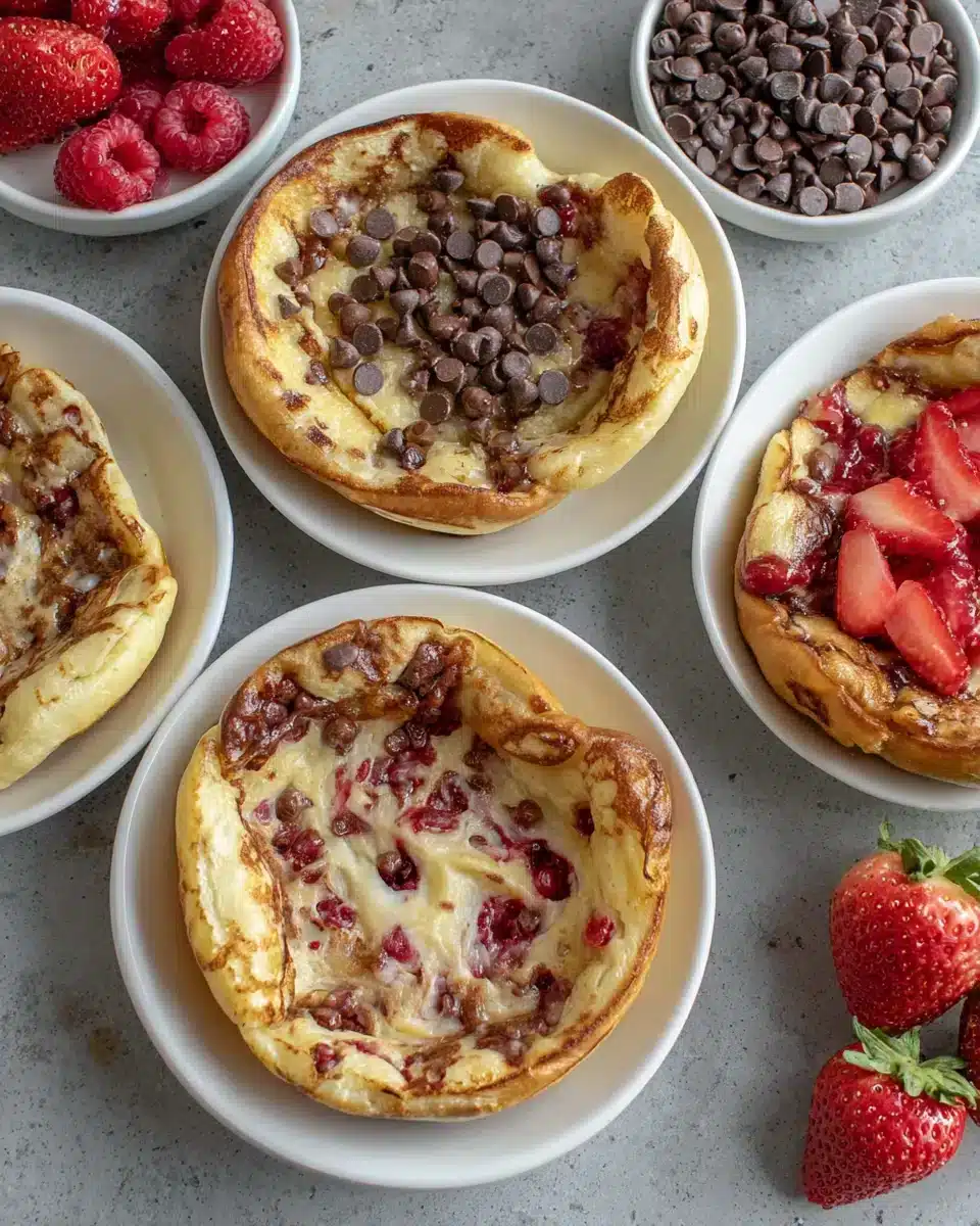 Pancake bowls filled with toppings such as chocolate chips, showing their indulgent appeal.