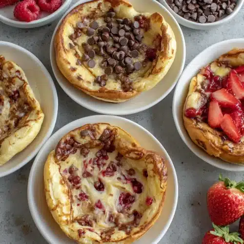Pancake bowls filled with toppings such as chocolate chips, showing their indulgent appeal.