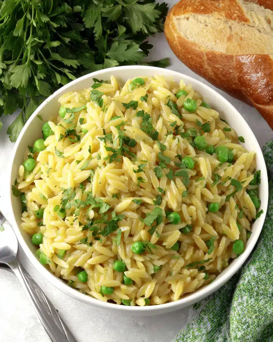 Delicious Parmesan Orzo and Peas side dish ready to serve.