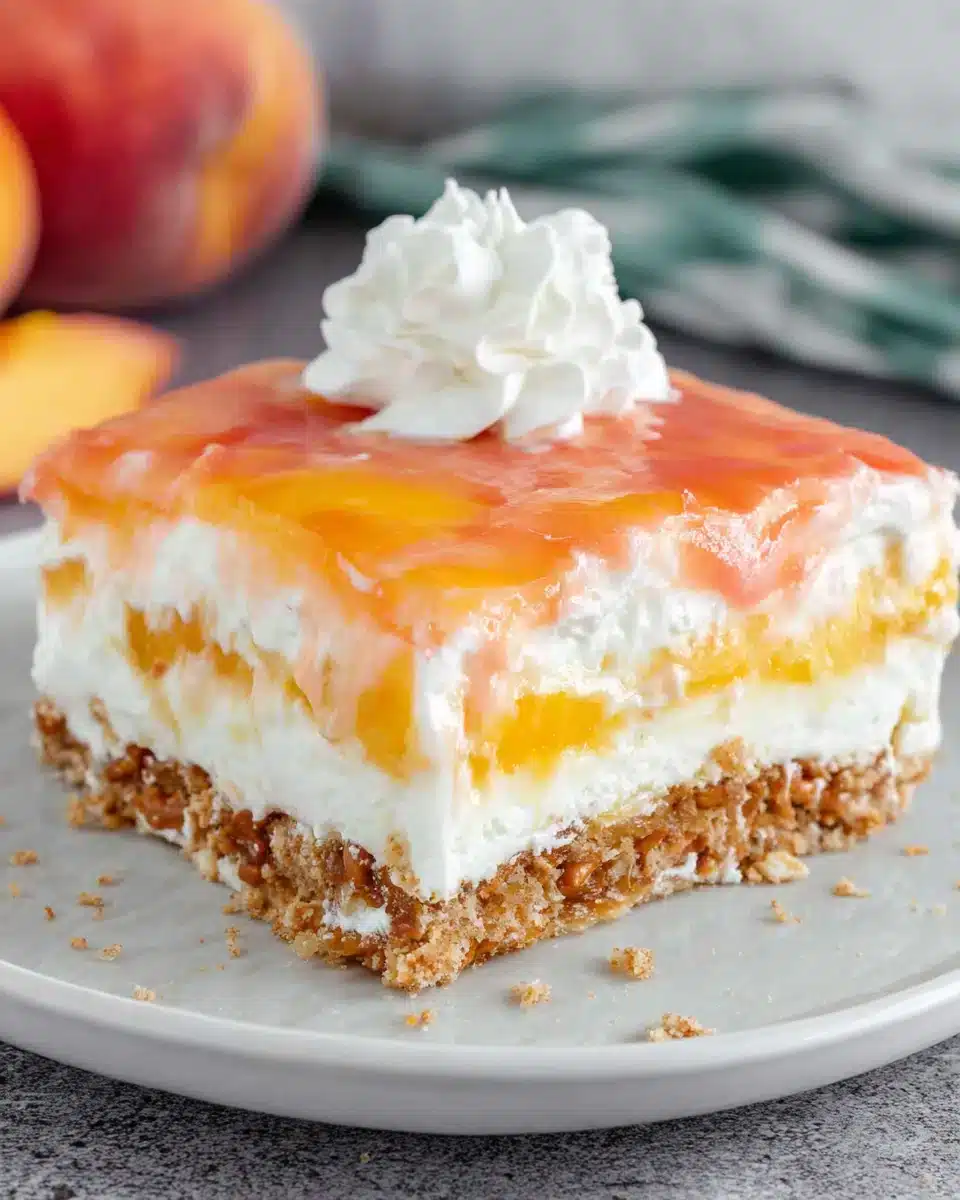 Delicious peach pretzel salad with layers of cream and gelatin.