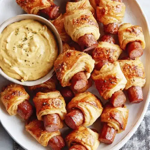 Delicious Pigs in a Blanket snacks served with mustard.
