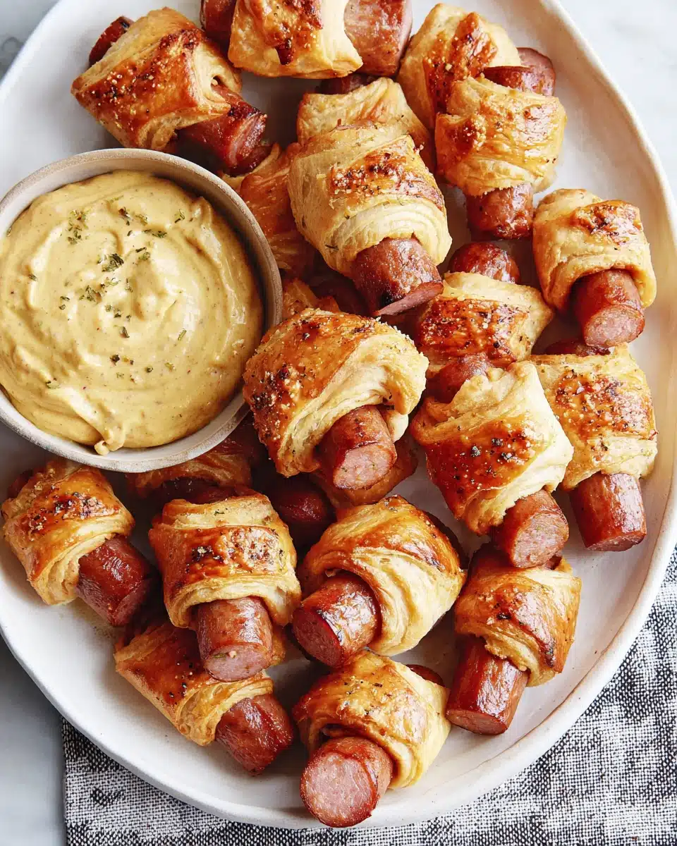 Delicious Pigs in a Blanket snacks served with mustard.