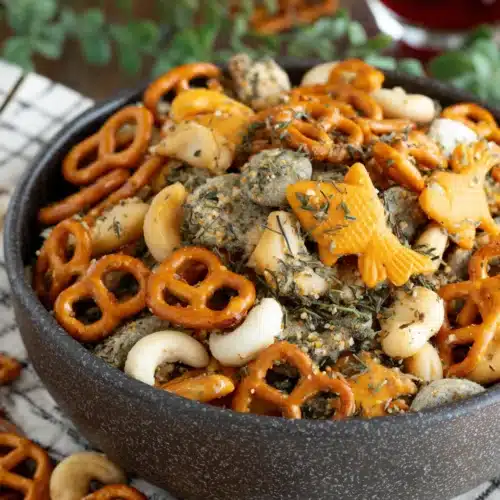 Delicious Ranch Pretzel Snack Mix with a tangy flavor.