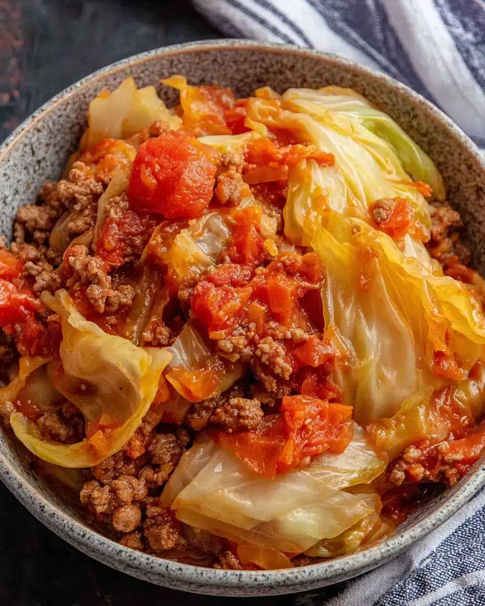 Slow Cooker Unstuffed Cabbage Rolls dish with ground beef and tomato sauce.