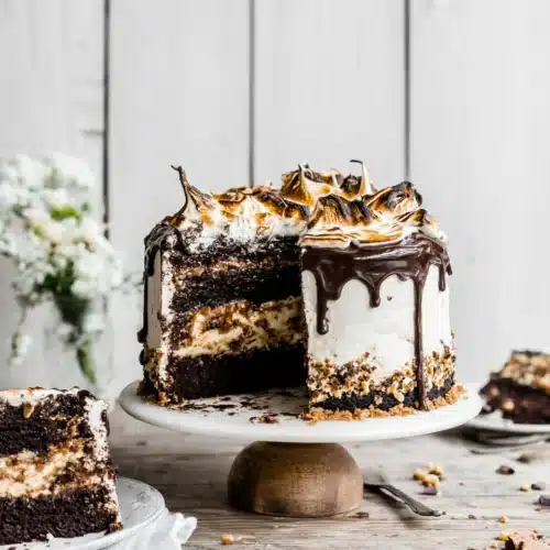 S’mores Cake layered with chocolate and graham cracker flavors.
