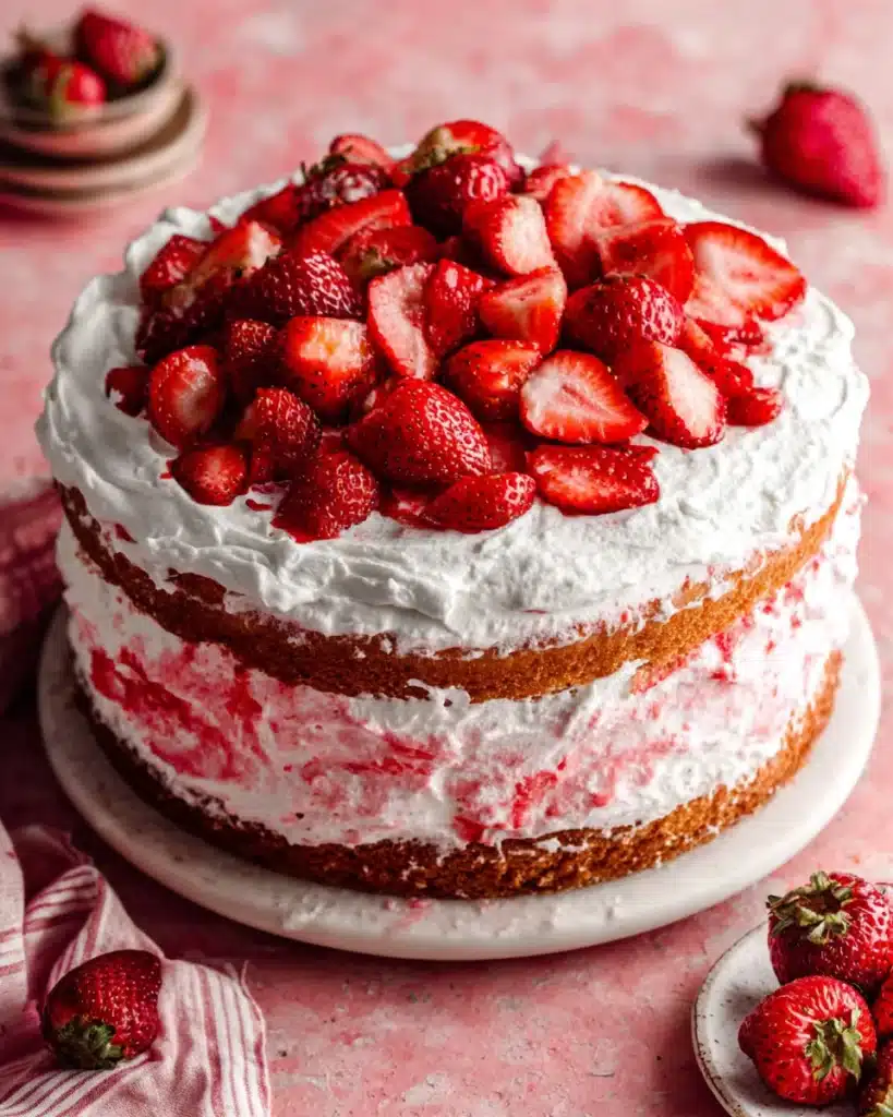 Delicious Strawberry Shortcake Cake with vibrant strawberries on top.
