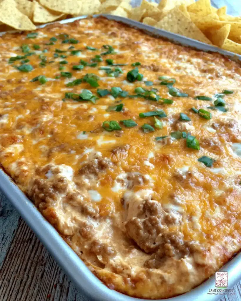 Creamy Texas Trash Dip ready for dipping with tortilla chips.