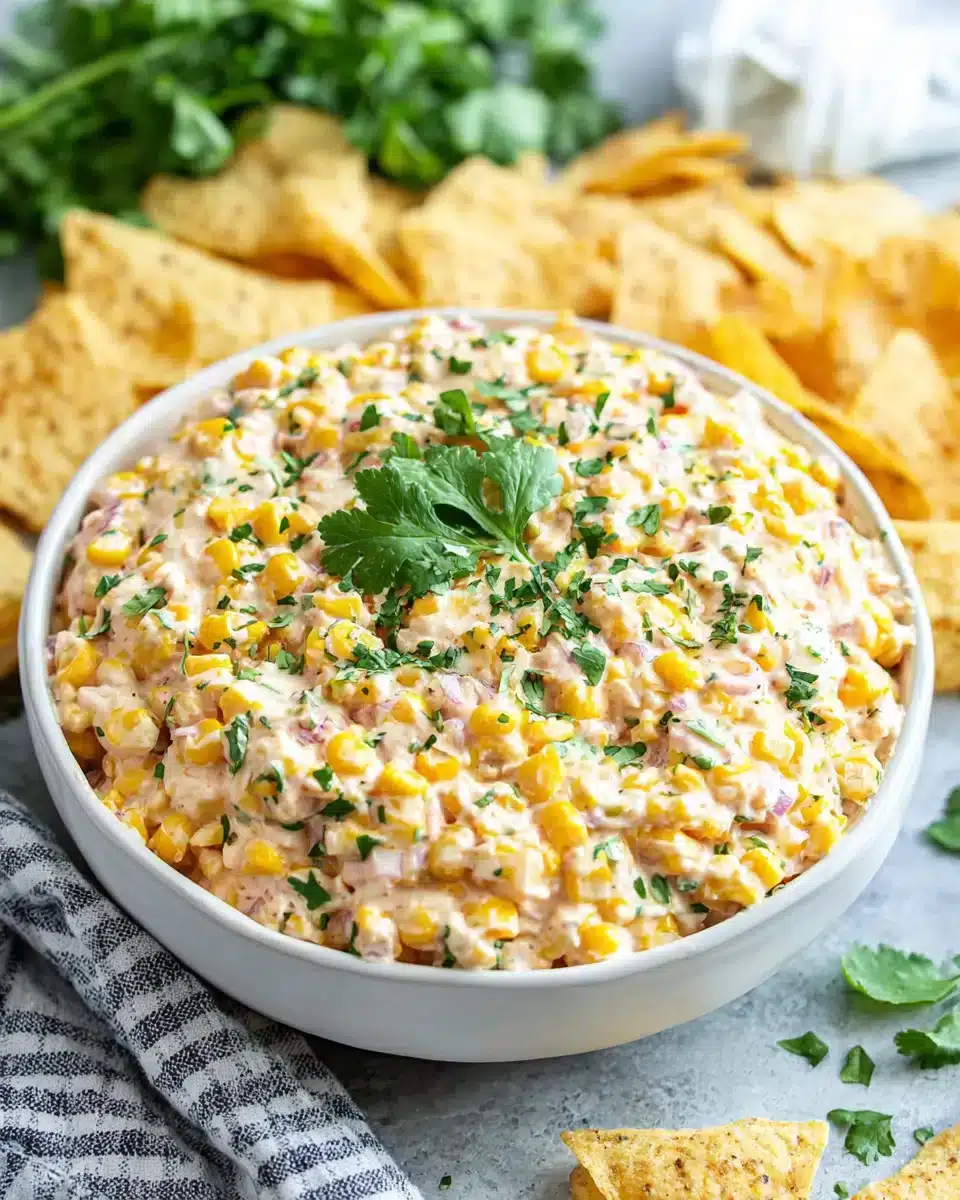 Delicious Traditional Corn Dip Recipe served with chips.