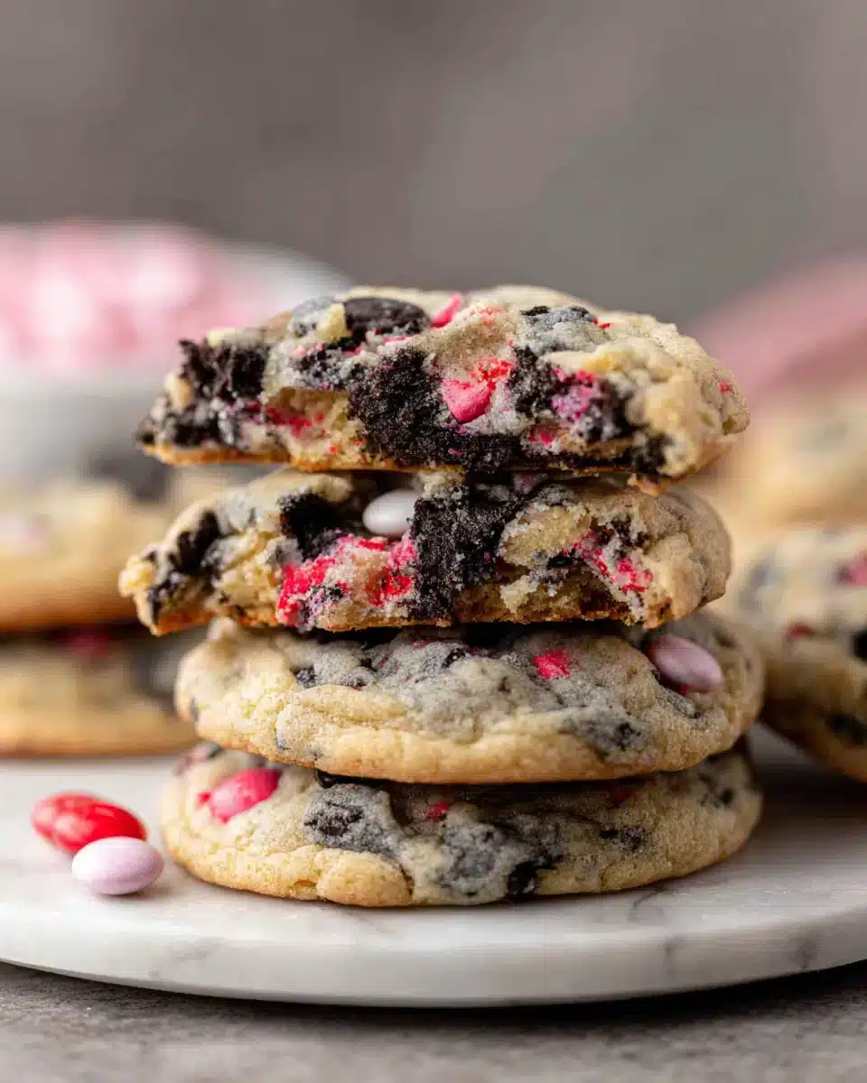 Delicious Valentine’s Day Oreo M&M’s Cookies stacked beautifully.
