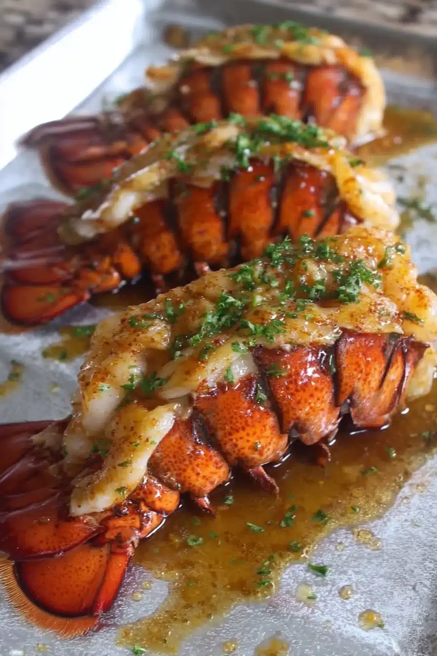 Juicy lobster tail served on a plate with lemon and herbs