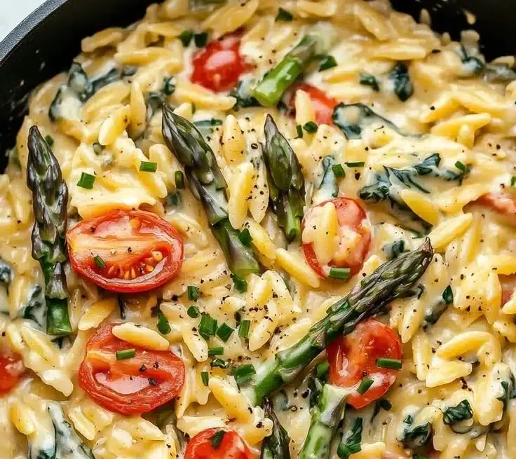 Delicious baked feta orzo dish topped with fresh herbs and cheese