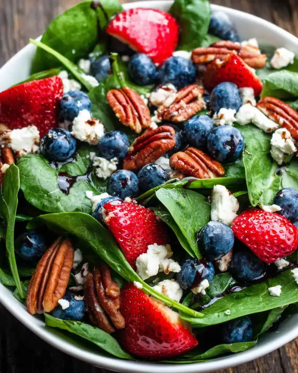 Berry spinach salad with pecans, feta, and balsamic glaze.