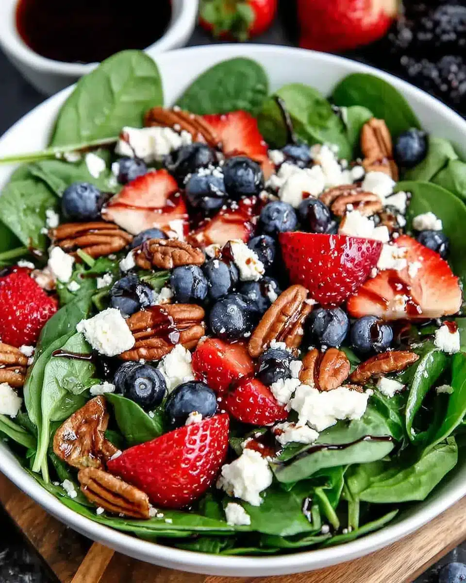 Berry spinach salad with pecans, feta, and balsamic glaze is vibrant and delicious.