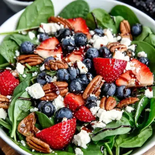 Berry spinach salad with pecans, feta, and balsamic glaze is vibrant and delicious.