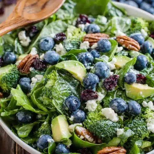 Delicious blueberry broccoli spinach salad bursting with flavors.