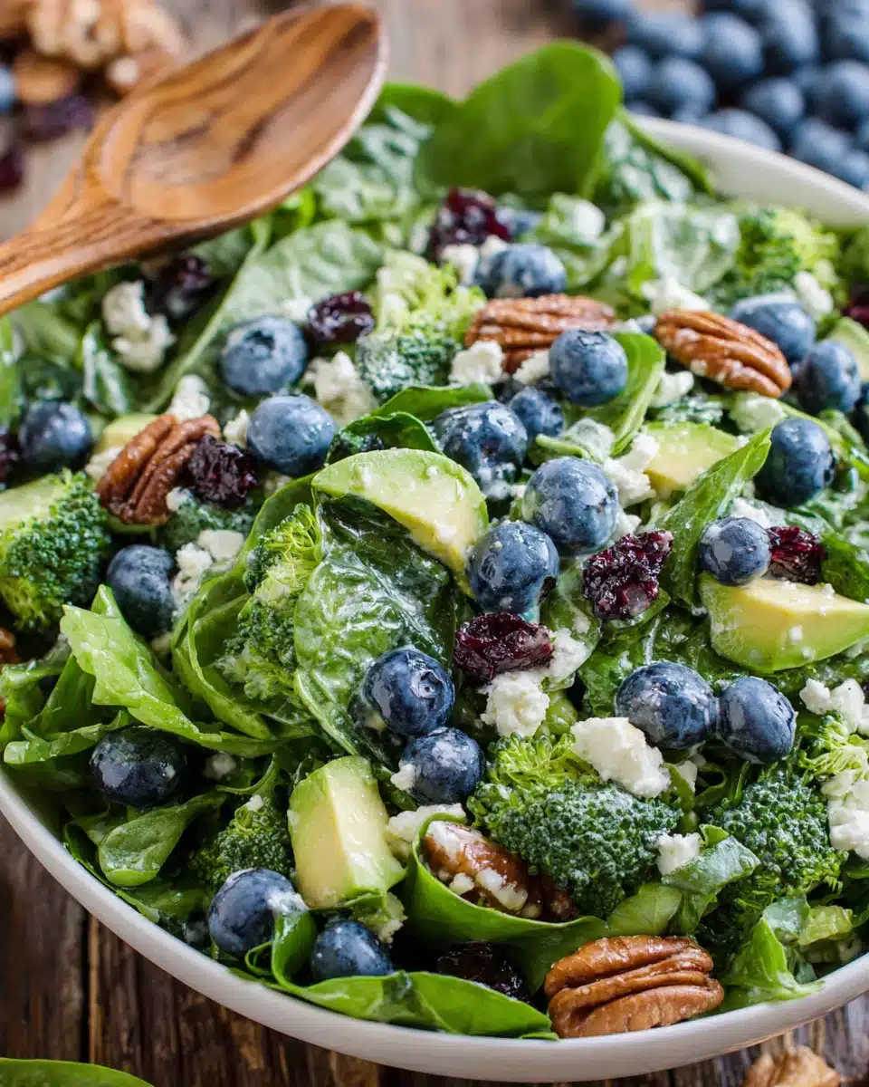 Delicious blueberry broccoli spinach salad bursting with flavors.