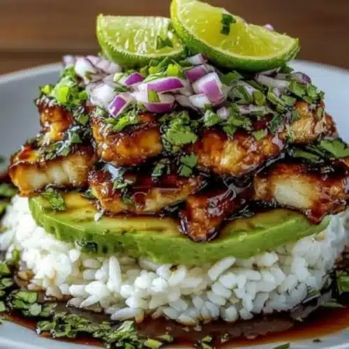 Chicken and Avocado Rice Stack with tender chicken and creamy avocado