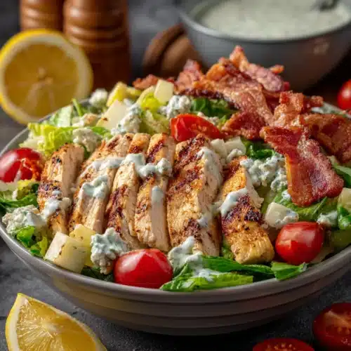 Delicious chicken salad with chicken, bacon, lettuce, and tomatoes.