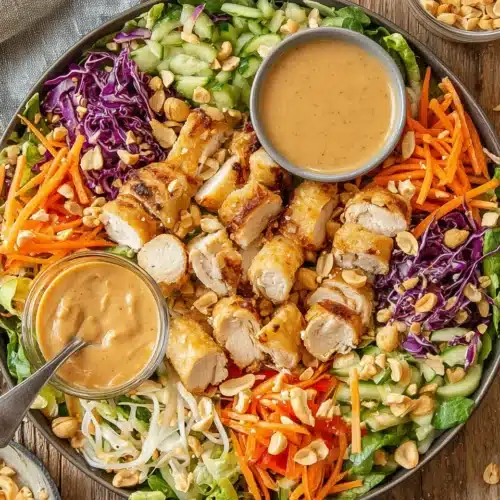 Delicious chicken spring roll salad with fresh veggies and peanut sauce.