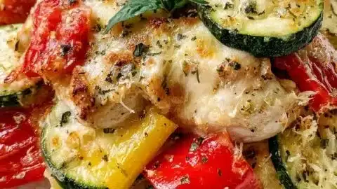 Baked chicken and zucchini casserole with cheese and herbs