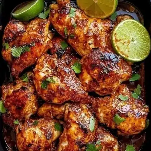 Grilled Chili Lime Chicken garnished with fresh cilantro and lime slices