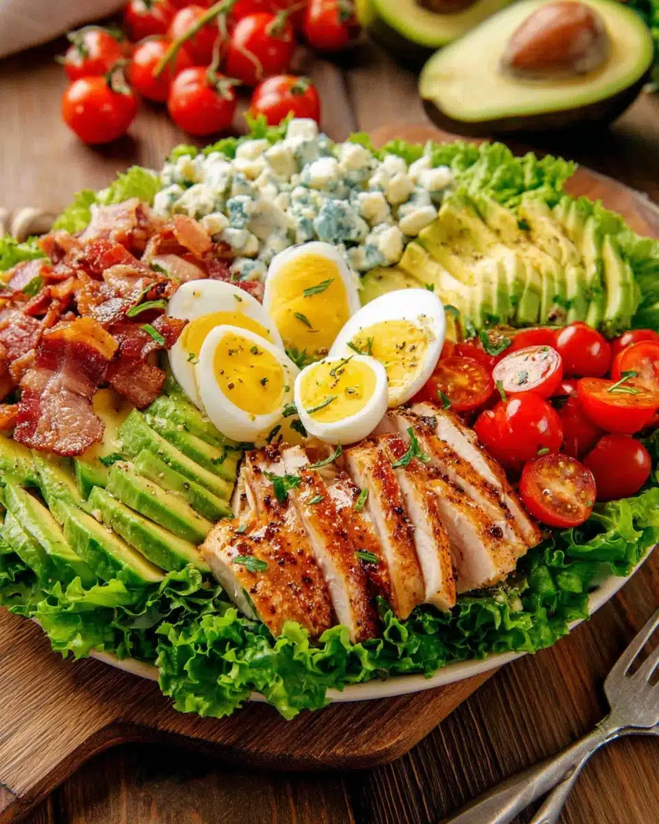 Delicious Cobb salad recipe with avocado, bacon, and chicken.