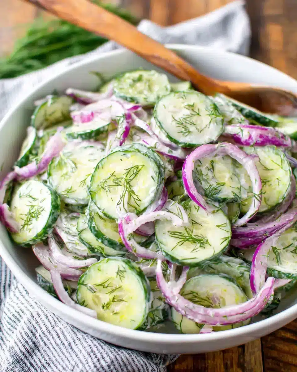 Creamy cucumber salad with crunchy cucumbers and zesty red onions.